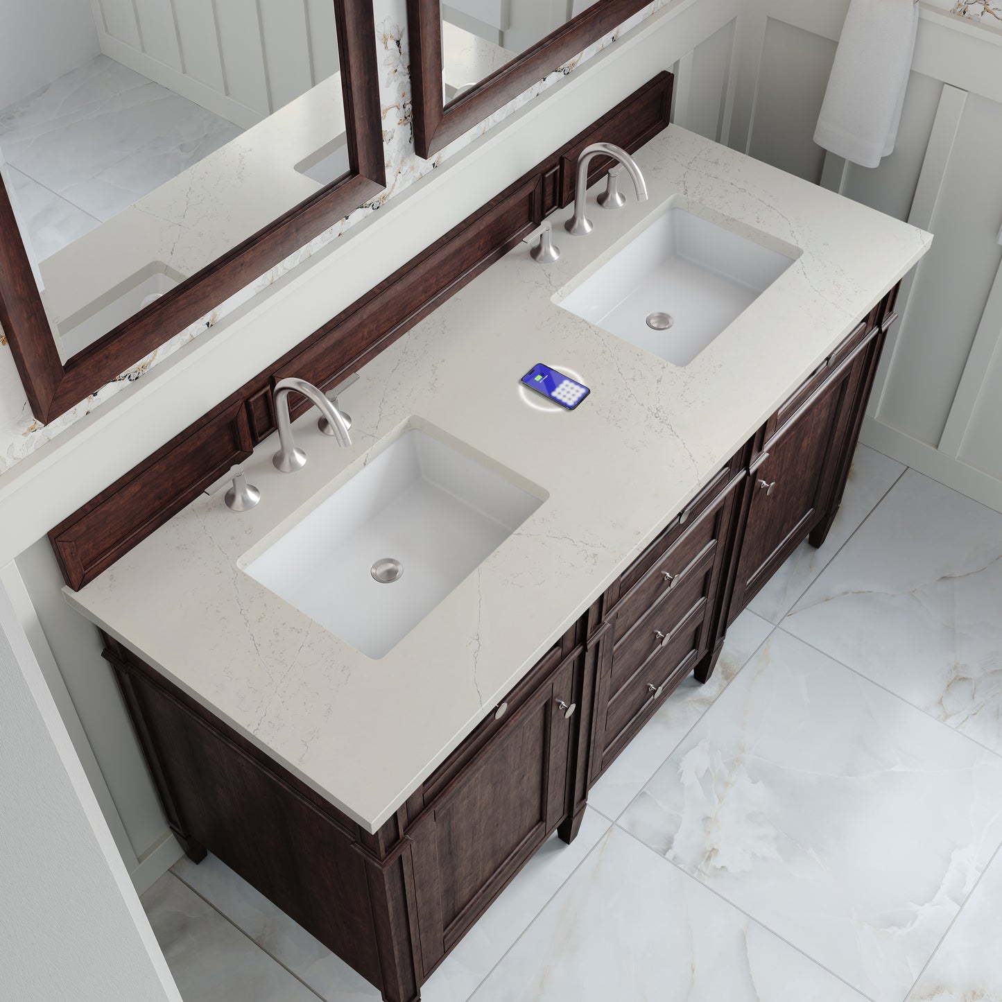 Renovate for Less Atlanta Brittany 60" Double Vanity, Burnished Mahogany, w/ 3 CM Siberian Silestone Top w/FreePower Wireless Charger