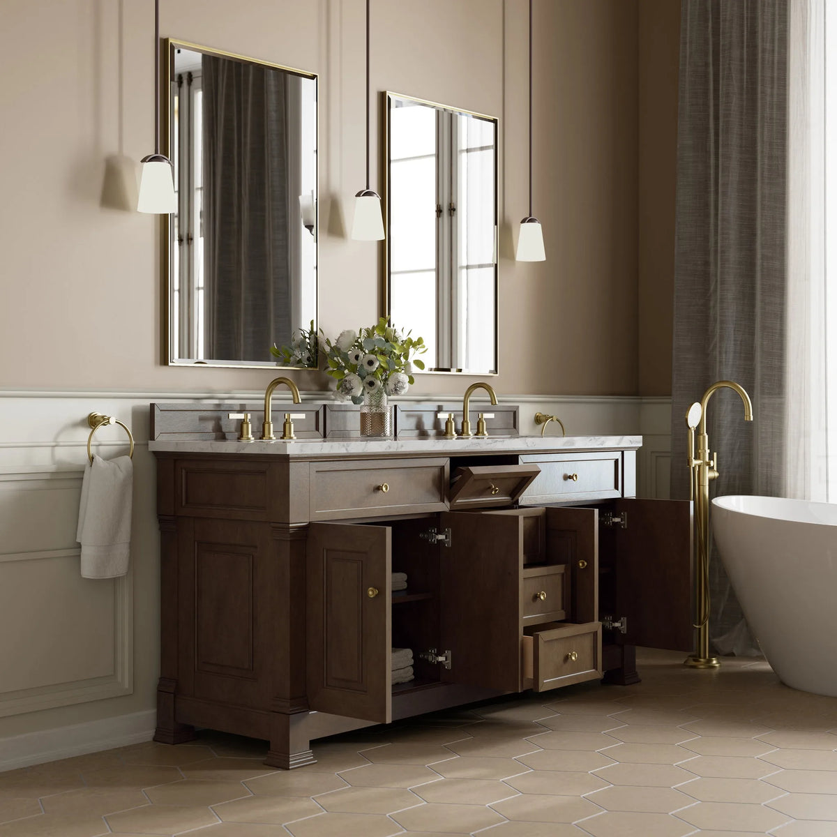 Brookfield 72" Double Vanity, Pecan w/ 3 CM Carrara White Marble Top
