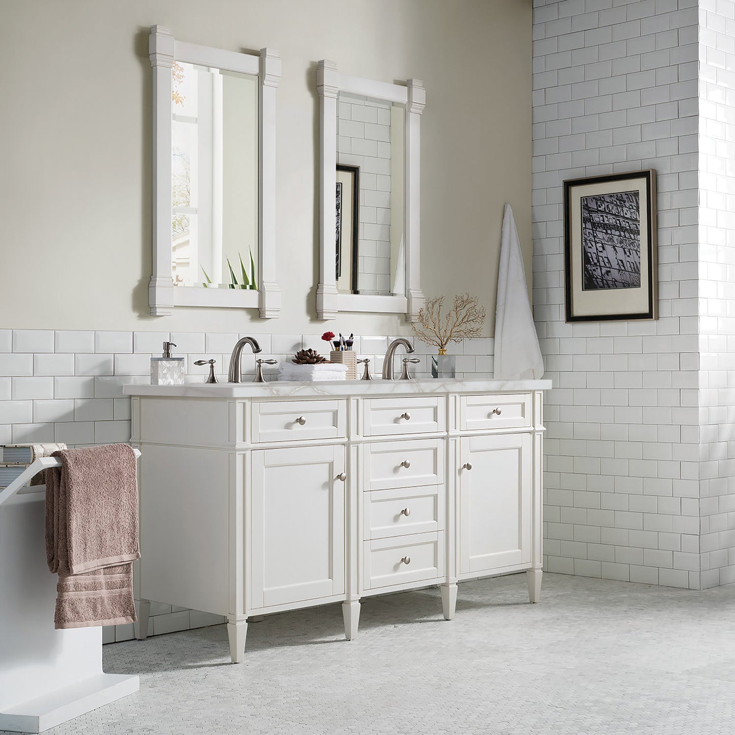 Renovate for Less Atlanta Brittany 60" Double Vanity, Bright White Vanity w/ 3 CM Victorian Silver Silestone Top w/FreePower Wireless Charger