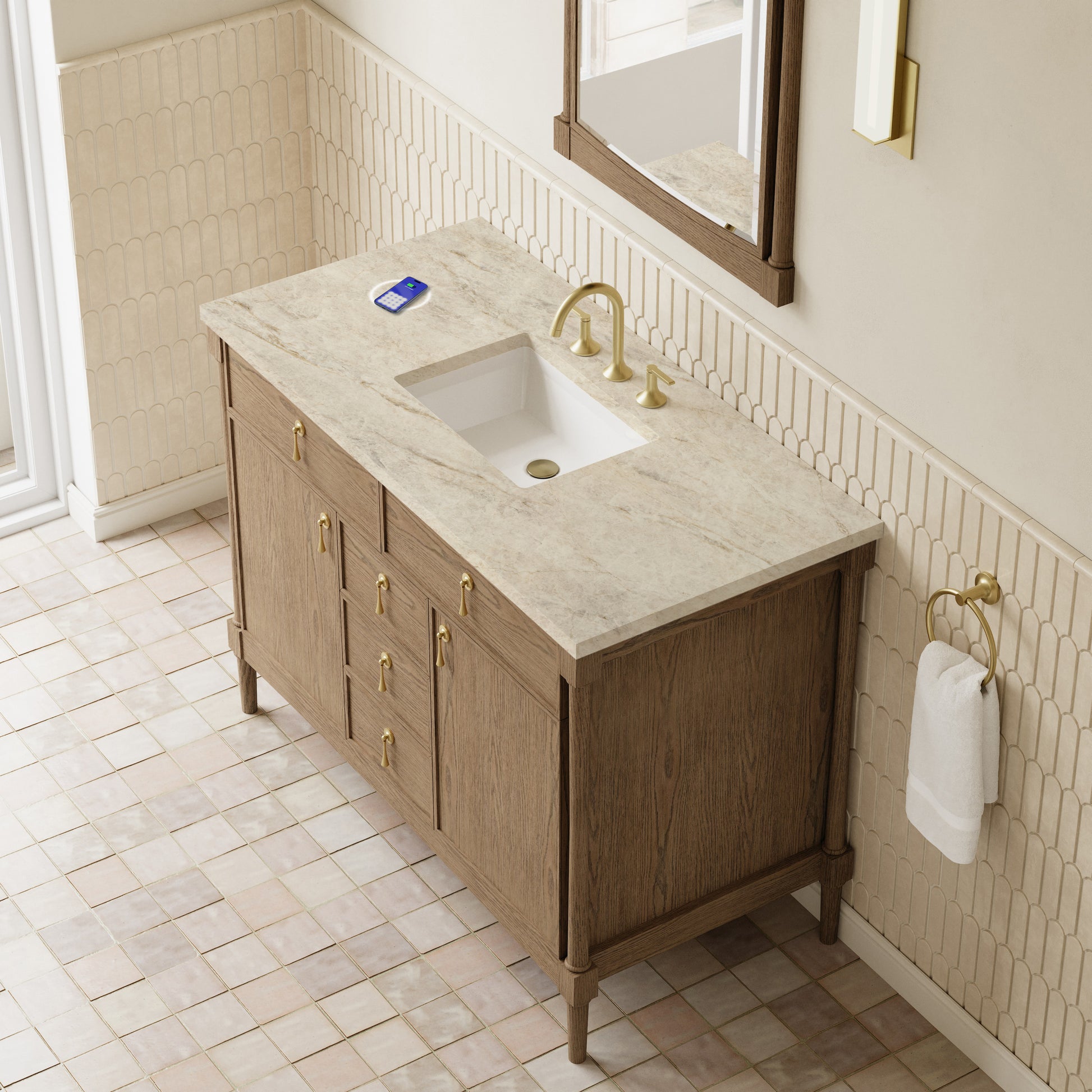 Renovate for Less Atlanta Kinnsden 48" Single Vanity, Weathered Oak w/ 3 CM Tajnar Eclos Top w/FreePower Wireless Charger