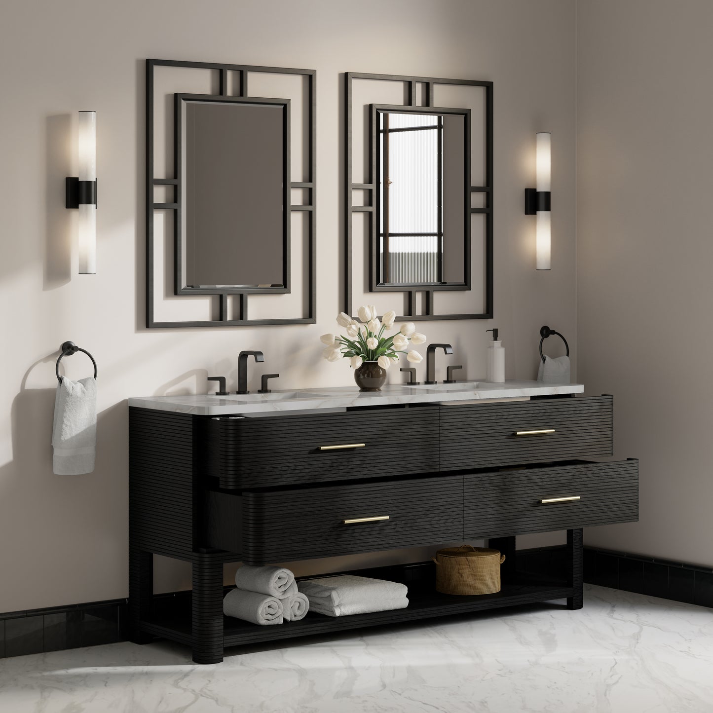 Renovate for Less Atlanta Lucian 72" Double Vanity, Carbon Oak w/ 3 CM Victorian Silver Silestone Widespread Top