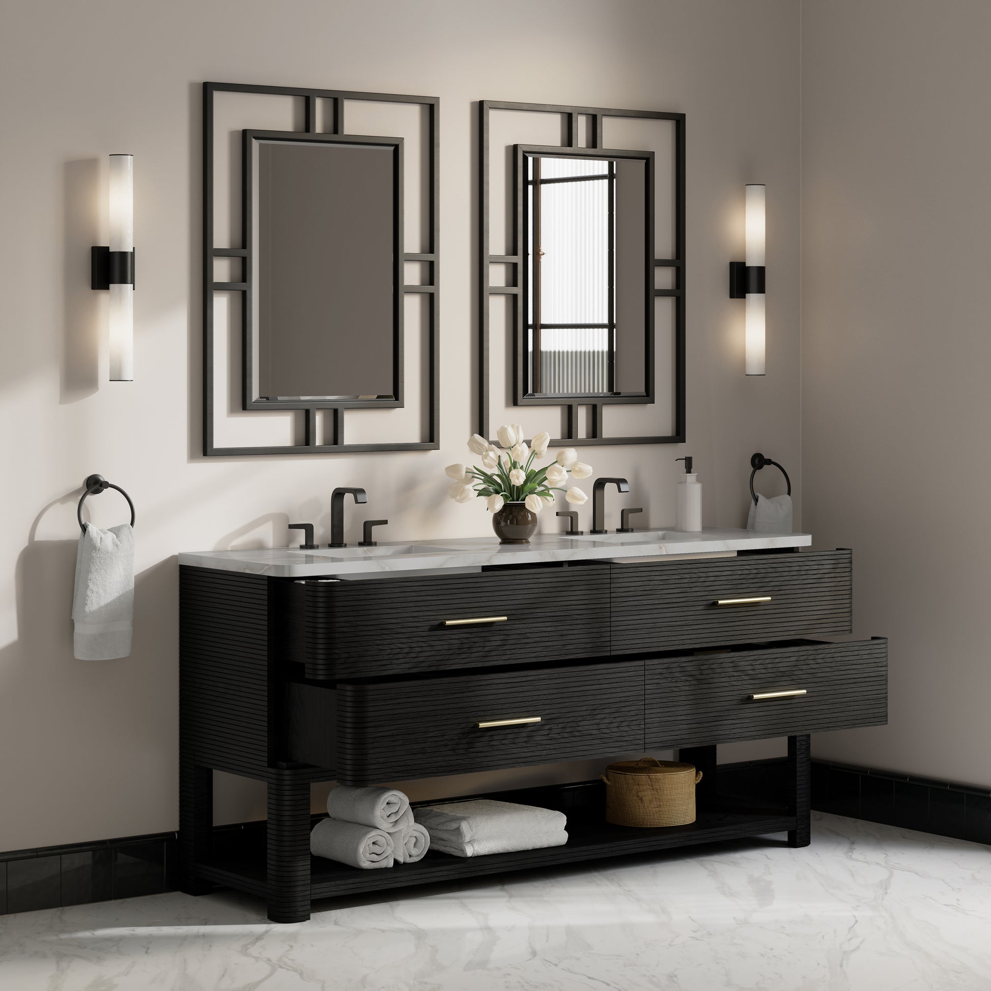 Renovate for Less Atlanta Lucian 72" Double Vanity, Carbon Oak w/ 3 CM Victorian Silver Silestone Widespread Top