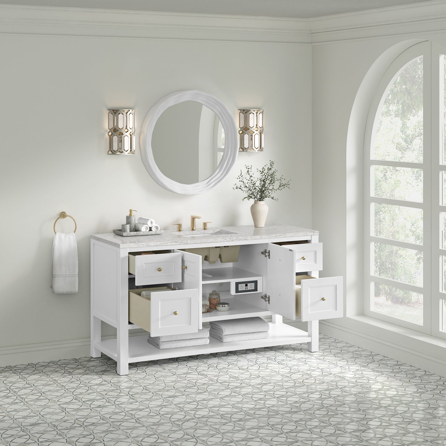 Renovate for Less Atlanta Breckenridge 60" Single Vanity, Bright White, w/ 3 CM Eternal Jasmine Pearl Silestone Top w/ FreePower Wireless Charger