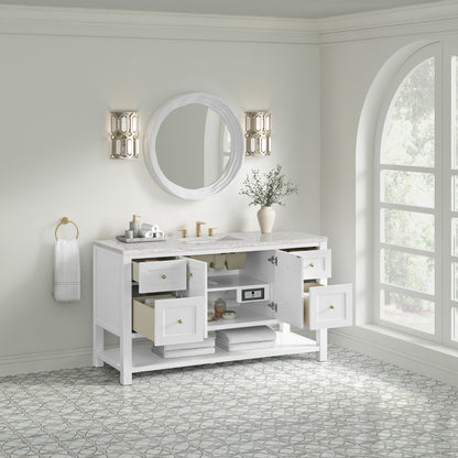 Renovate for Less Atlanta Breckenridge 60" Single Vanity, Bright White, w/ 3 CM Eternal Jasmine Pearl Silestone Top w/ FreePower Wireless Charger