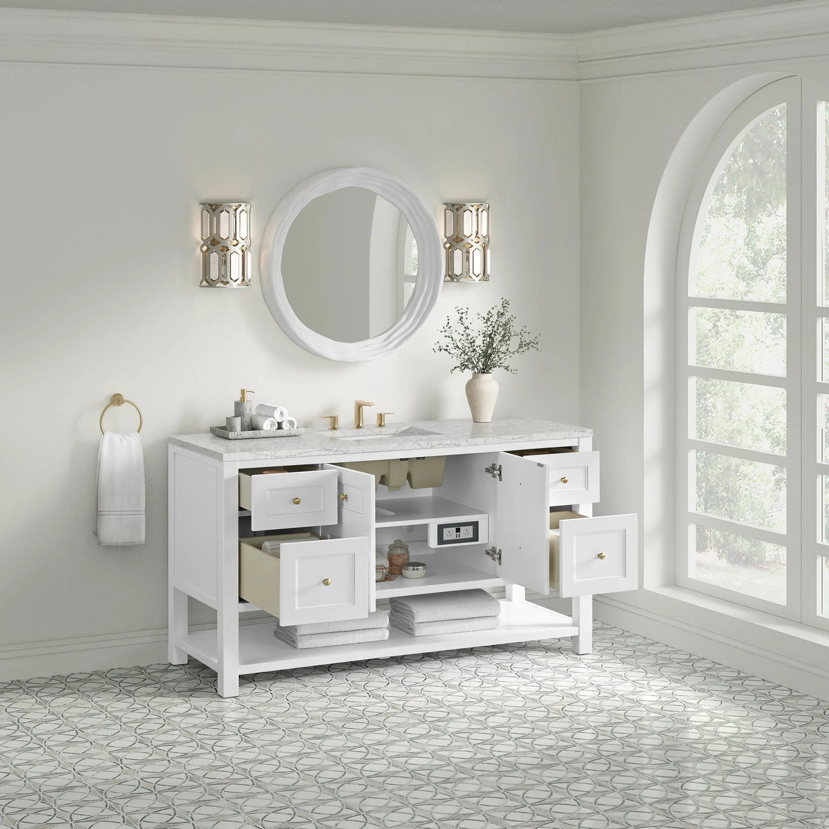 Breckenridge 60" Single Vanity, Bright White, w/ 3 CM Eternal Jasmine Pearl Silestone Top w/ FreePower Wireless Charger