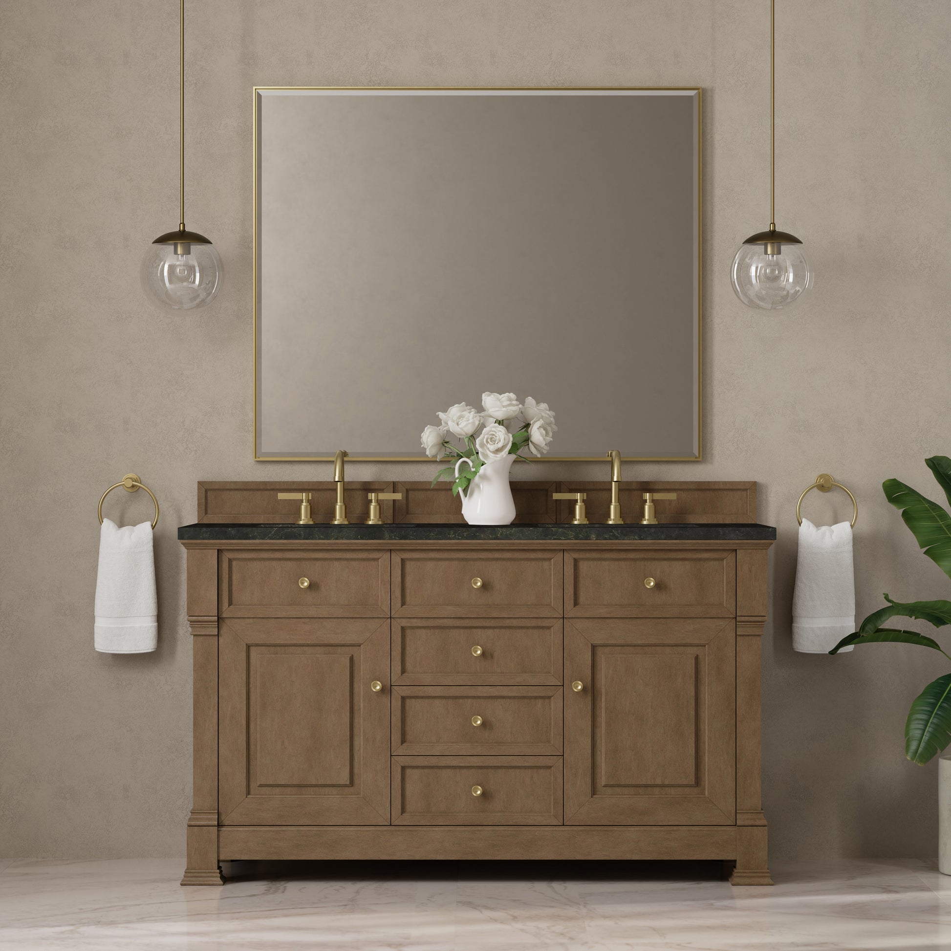 Renovate for Less Atlanta Brookfield 60" Double Vanity, Pecan, w/ 3 CM Phantome Eclos Top