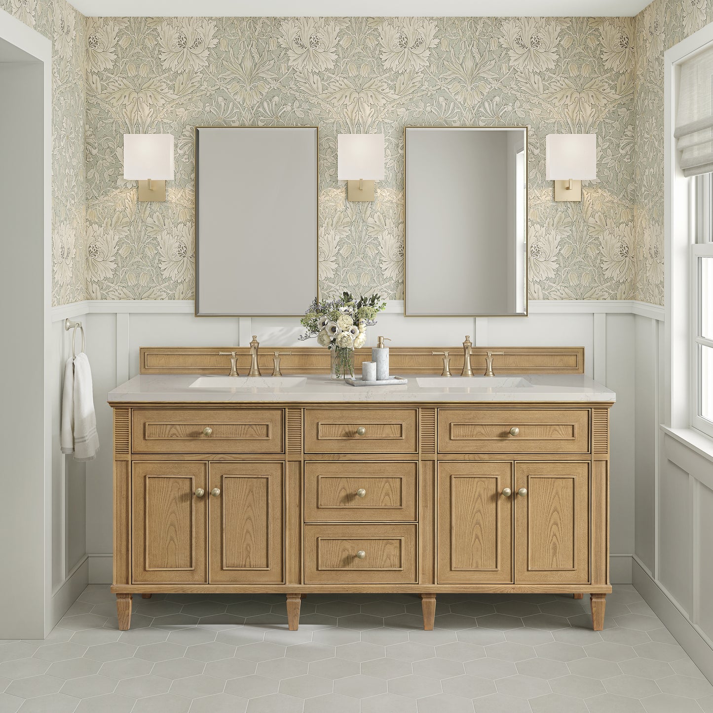 Renovate for Less Atlanta Lorelai 72" Double Vanity, Light Natural Oak, w/ 3 CM Siberian Silestone Top