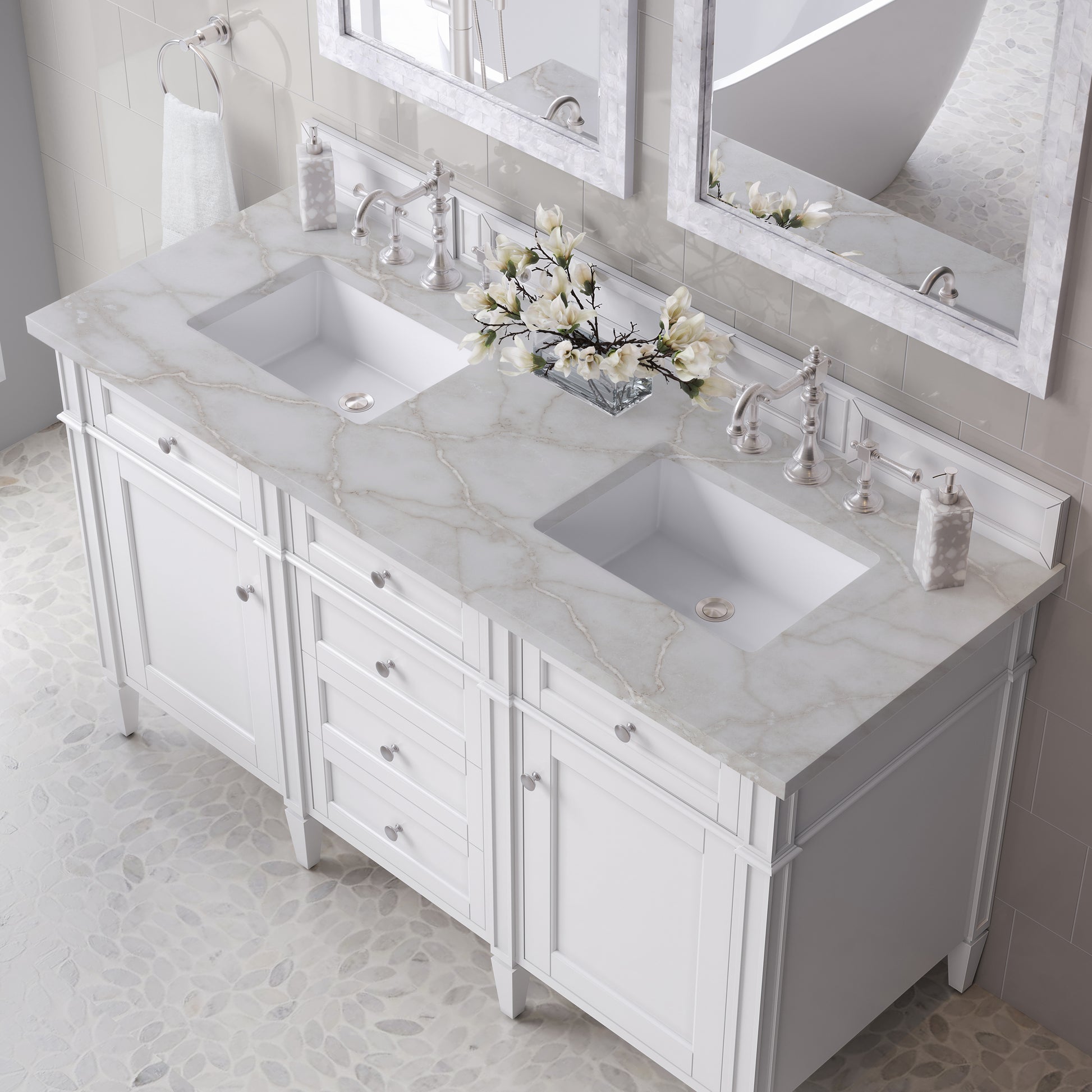 Renovate for Less Atlanta Brittany 60" Double Vanity, Bright White Vanity w/ 3 CM Victorian Silver Silestone Top