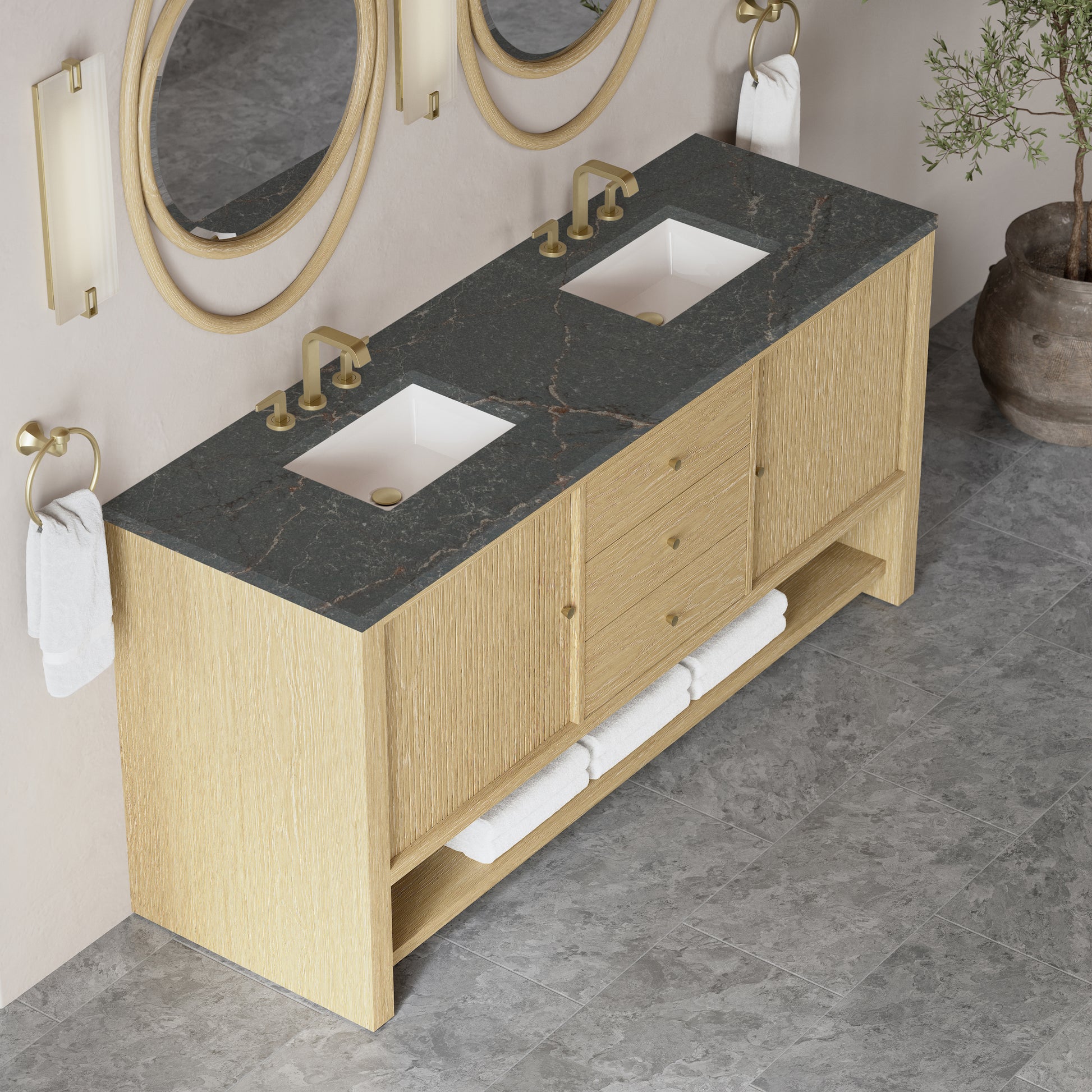 Renovate for Less Atlanta Marigot 72" Double Vanity, Sunwashed Oak w/ 3 CM Parisien Bleu Silestone Top w/ FreePower Wireless Charger