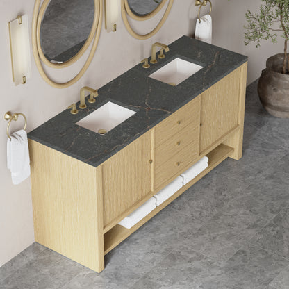 Renovate for Less Atlanta Marigot 72" Double Vanity, Sunwashed Oak w/ 3 CM Parisien Bleu Silestone Top w/ FreePower Wireless Charger
