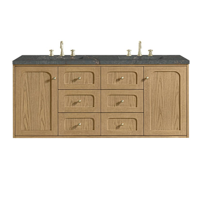 Laurent 60" Double Vanity, Light Natural Oak, w/ 3 CM Parisien Bleu Quartz Top w/FreePower Wireless Charger