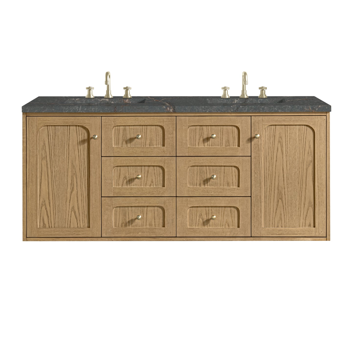 Renovate for Less Atlanta Laurent 60" Double Vanity, Light Natural Oak, w/ 3 CM Parisien Bleu Quartz Top w/FreePower Wireless Charger