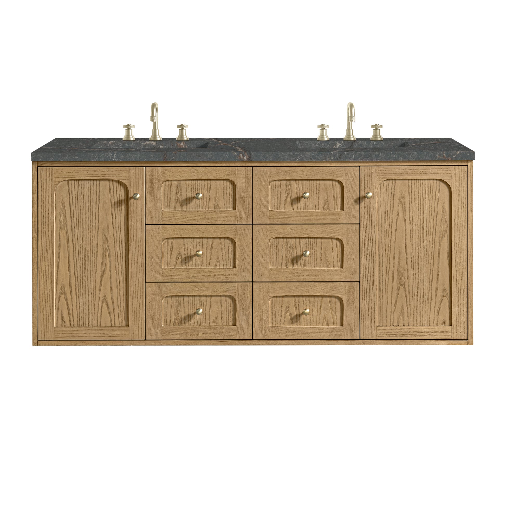 Renovate for Less Atlanta Laurent 60" Double Vanity, Light Natural Oak, w/ 3 CM Parisien Bleu Quartz Top w/FreePower Wireless Charger