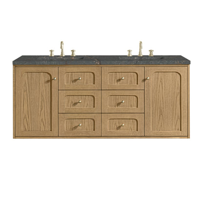 Renovate for Less Atlanta Laurent 60" Double Vanity, Light Natural Oak, w/ 3 CM Parisien Bleu Quartz Top w/FreePower Wireless Charger