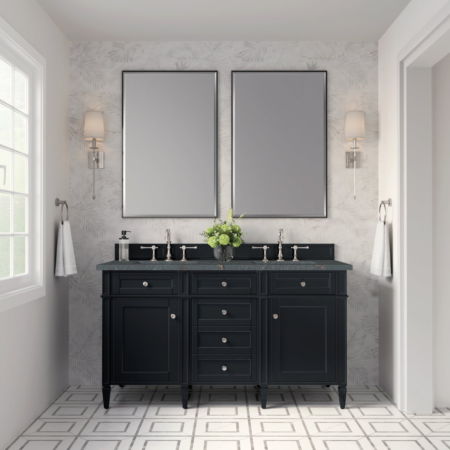 Renovate for Less Atlanta Brittany 60" Double Vanity, Black Onyx w/ 3 CM Parisien Bleu Silestone Top w/FreePower Wireless Charger