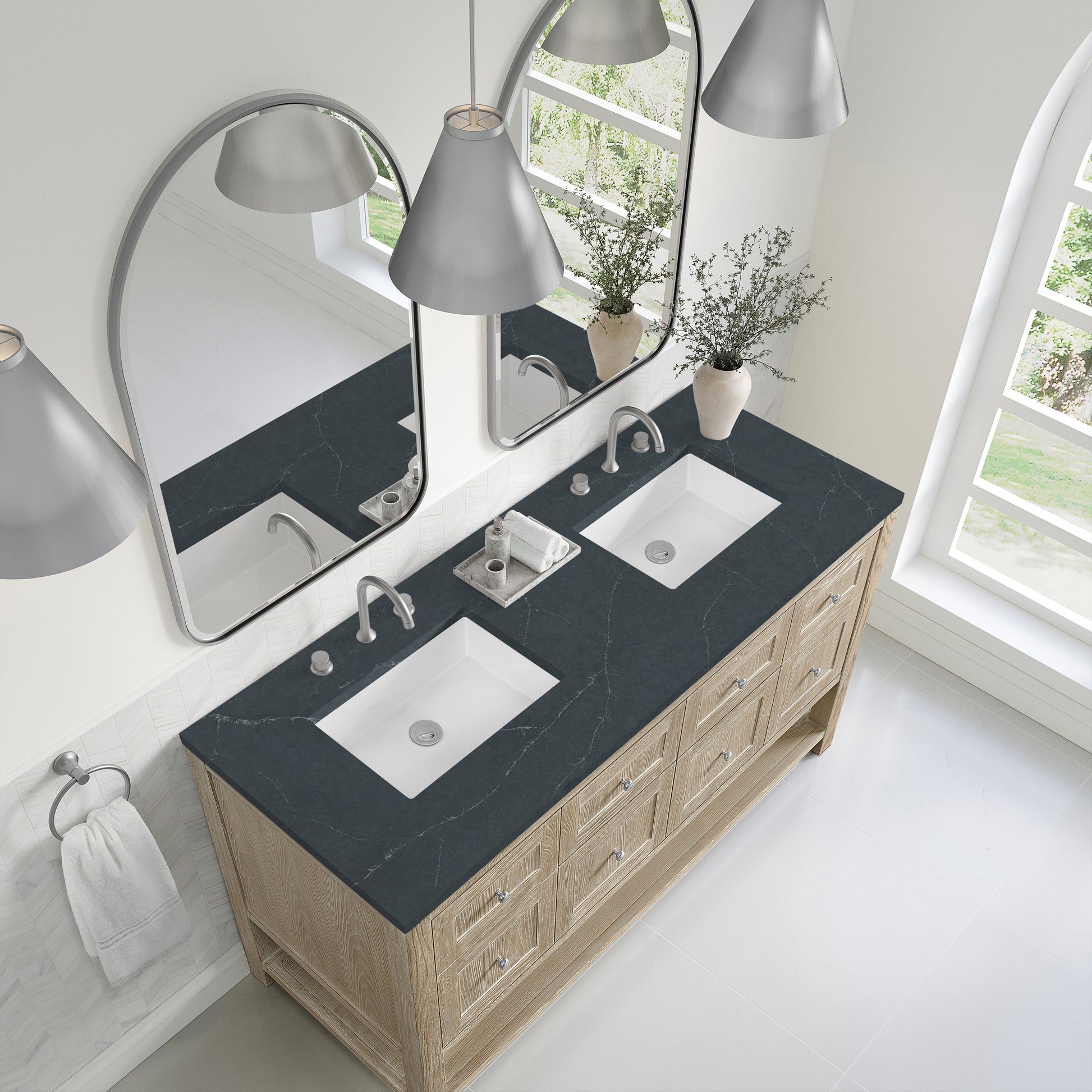 Renovate for Less Atlanta Breckenridge 60" Double Vanity, Whitewashed Oak, w/ 3 CM Charcoal Soapstone Quartz Top