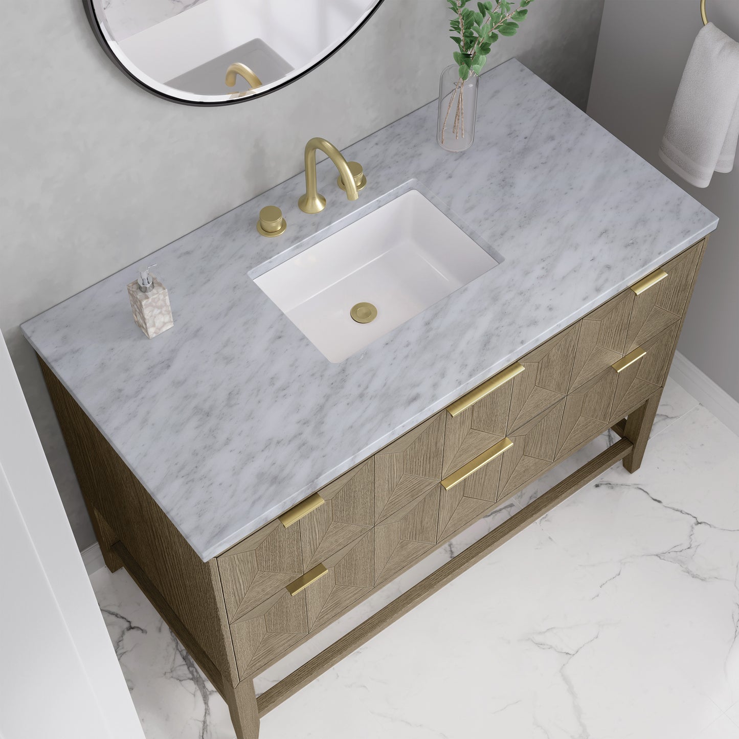 Renovate for Less Atlanta Emmeline 48" Single Vanity, Pebble Oak w/ 3 CM Carrara White Marble Top