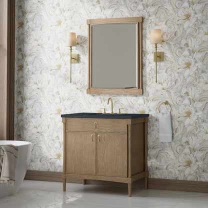 Renovate for Less Atlanta Kinnsden 36" Single Vanity, Weathered Oak w/ 3 CM Charcoal Soapstone Silestone Top