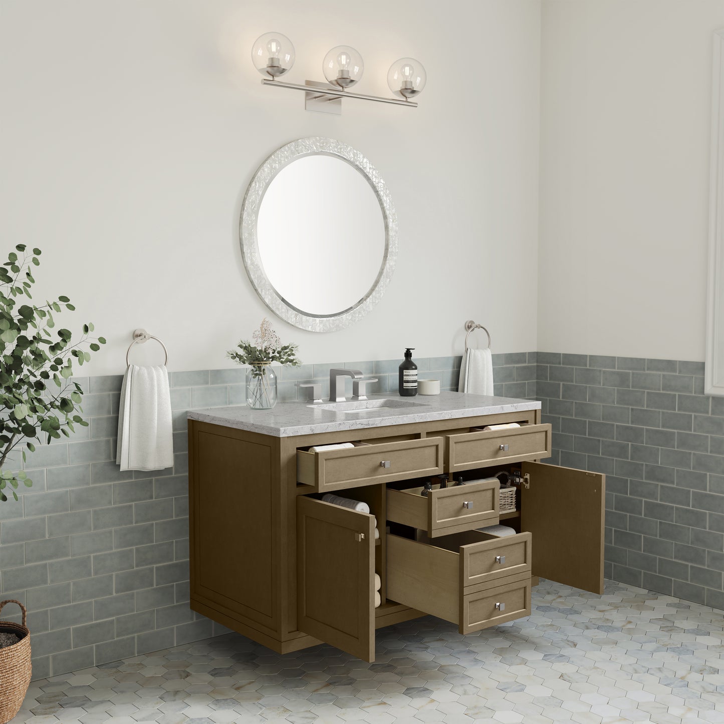 Renovate for Less Atlanta Chicago 48" Single Vanity, Walnut Whisper, w/ 3 CM Eternal Jasmine Pearl Silestone® Top