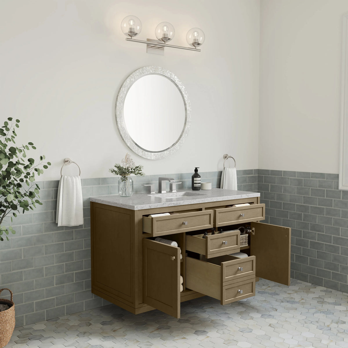 Chicago 48" Single Vanity, Walnut Whisper, w/ 3 CM Eternal Jasmine Pearl Silestone® Top