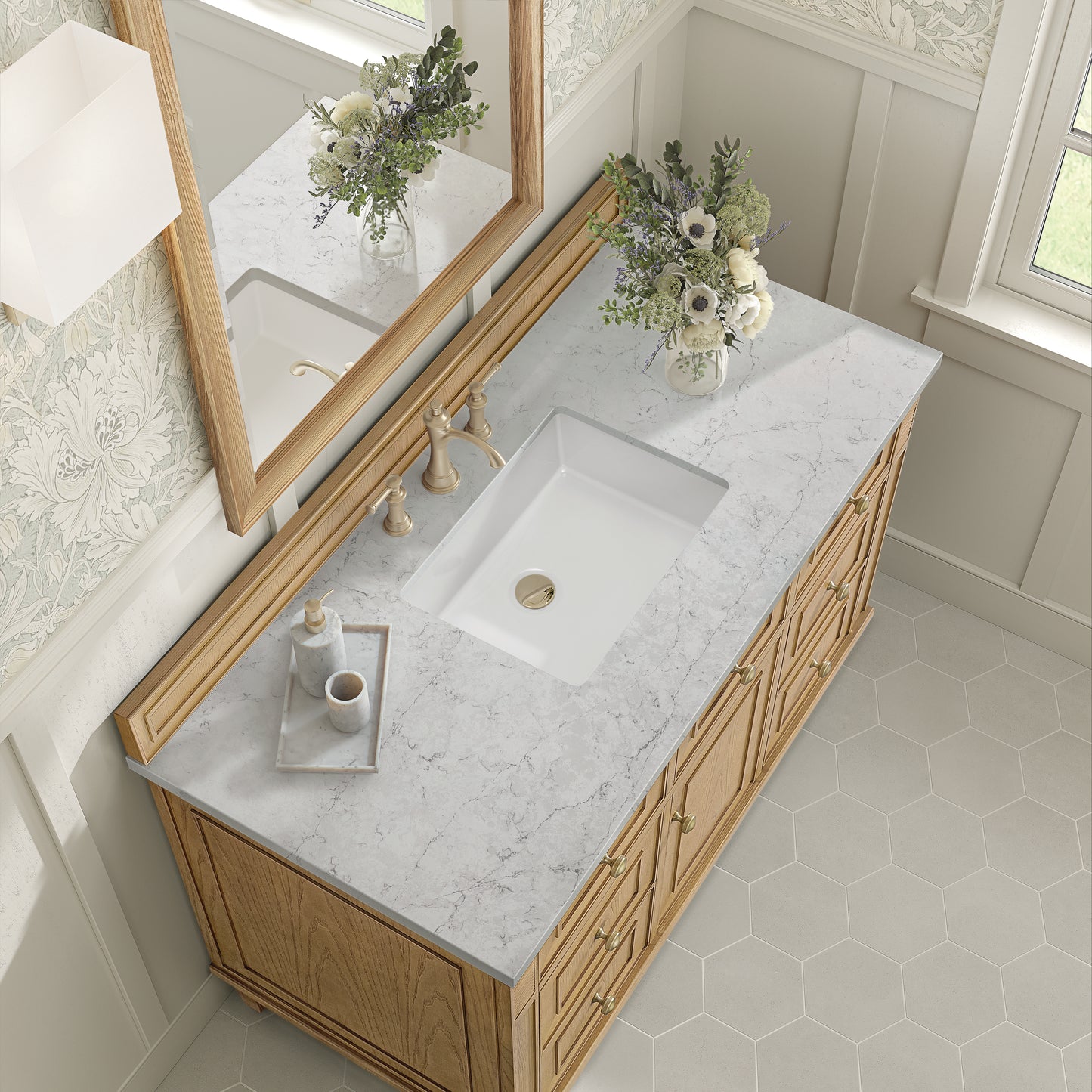 Renovate for Less Atlanta Lorelai 48" Single Vanity, Light Natural Oak w/ 3 CM Eternal Jasmine Pearl Silestone Top