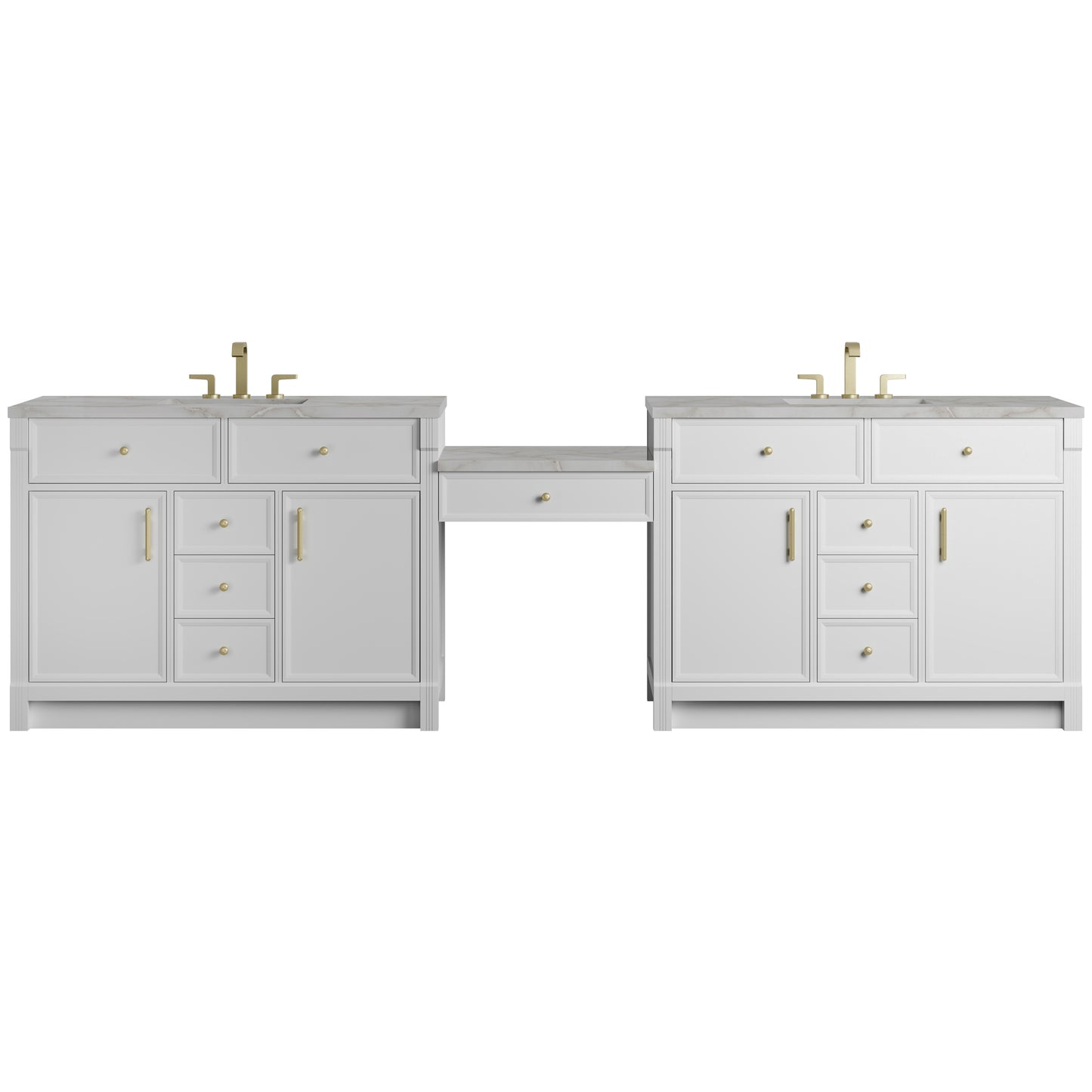 Renovate for Less Atlanta Bellshire 120" Dual Vanity Set with 24" Make-Up Counter, Bright White w/3 cm Victorian Silver Silestone Top
