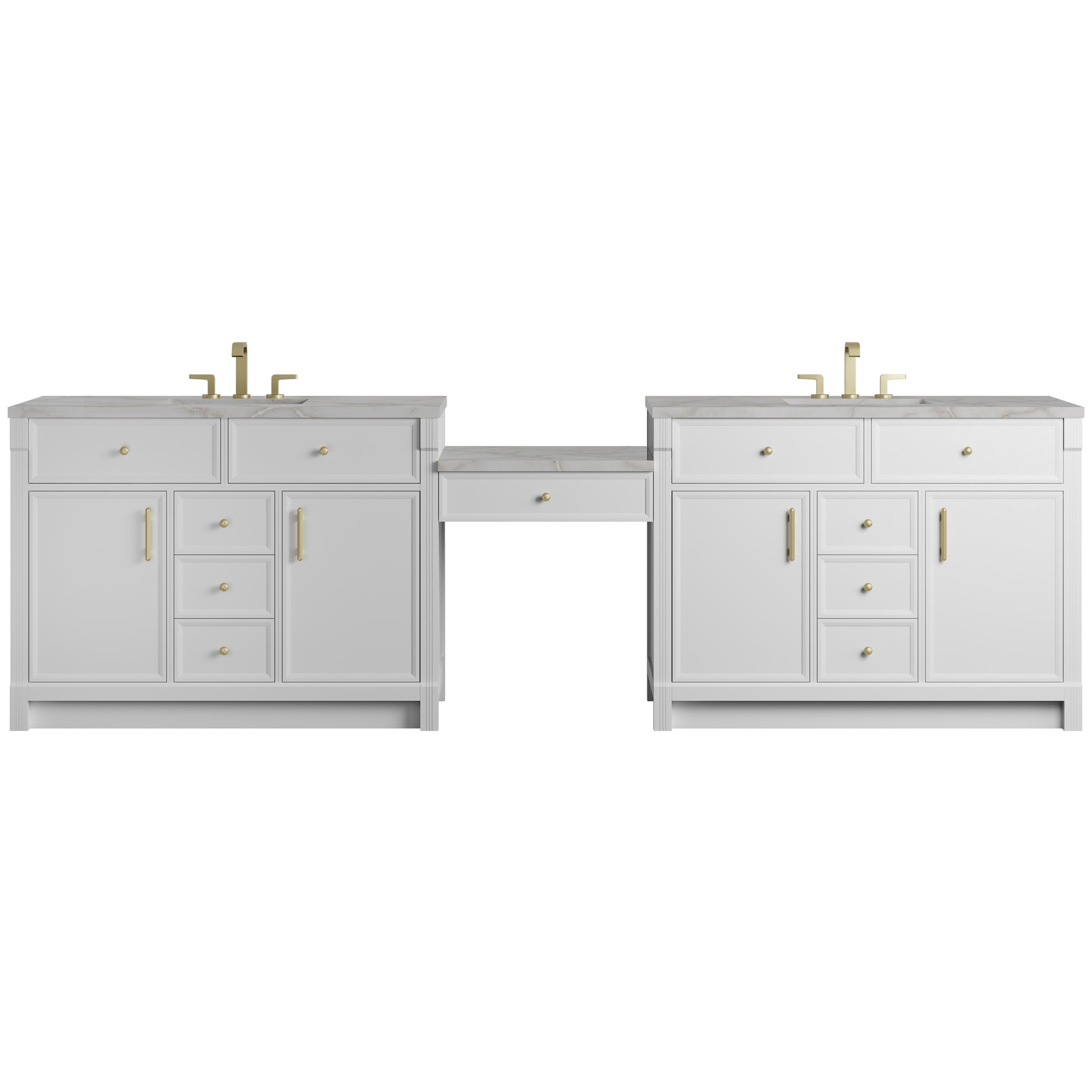 Renovate for Less Atlanta Bellshire 120" Dual Vanity Set with 24" Make-Up Counter, Bright White w/3 cm Victorian Silver Silestone Top
