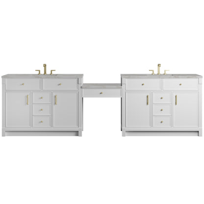Renovate for Less Atlanta Bellshire 120" Dual Vanity Set with 24" Make-Up Counter, Bright White w/3 cm Victorian Silver Silestone Top