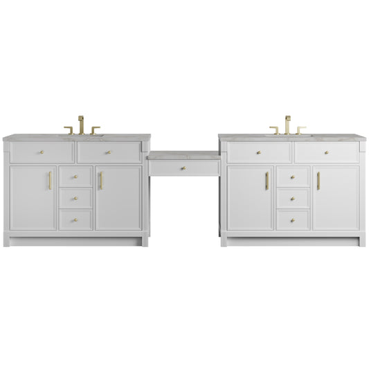 Bellshire 120" Dual Vanity Set with 24" Make-Up Counter, Bright White w/3 cm Victorian Silver Silestone Top w/FreePower 