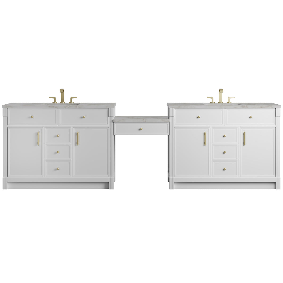 Renovate for Less Atlanta Bellshire 120" Dual Vanity Set with 24" Make-Up Counter, Bright White w/3 cm Victorian Silver Silestone Top