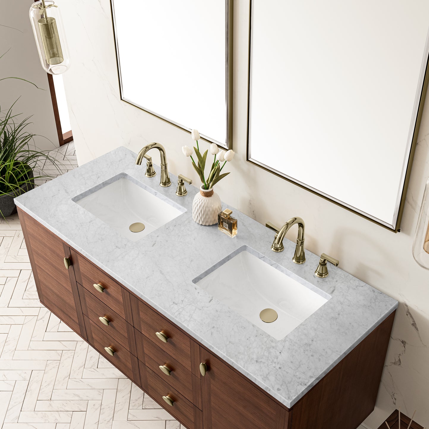 Renovate for Less Atlanta Amberly 60" Double Vanity, Mid-Century Walnut w/ 3 CM Carrara Marble Top