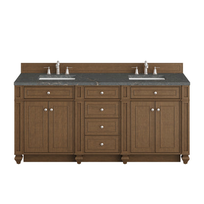 Renovate for Less Atlanta Bristol 72" Double Vanity, Saddle Brown w/ 3 CM Parisien Bleu Silestone Top
