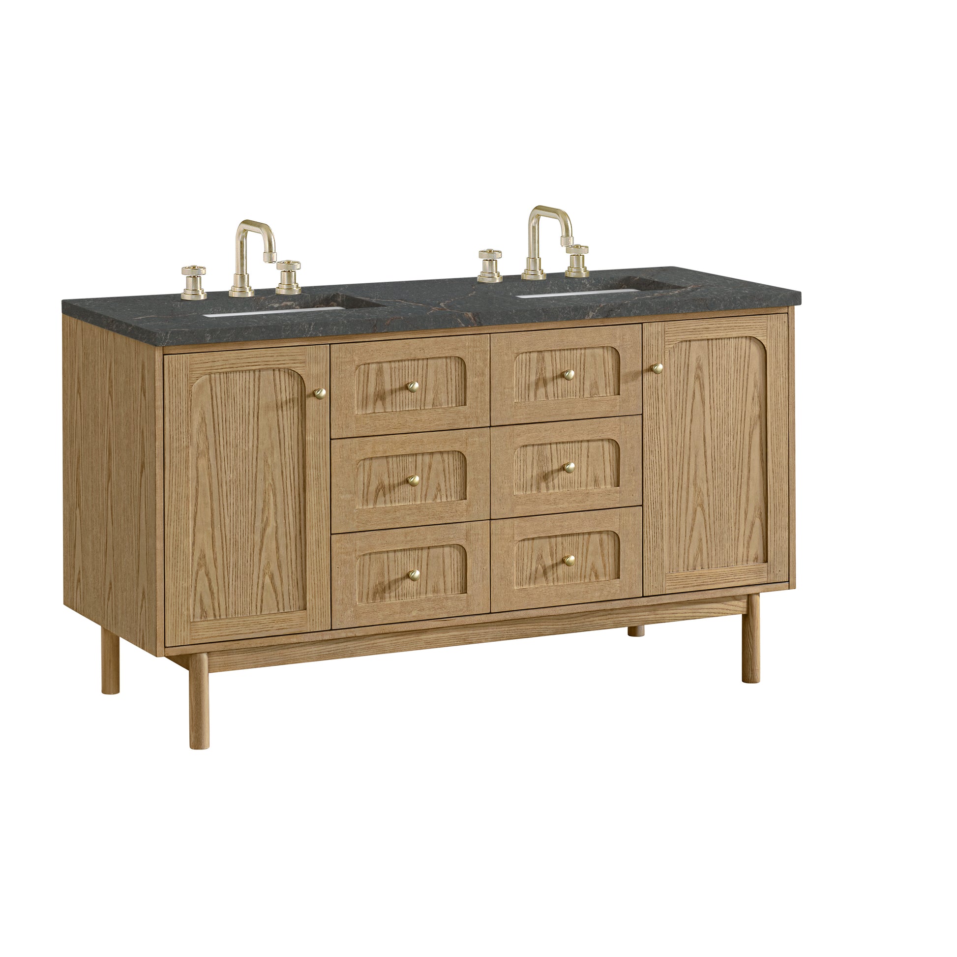 Renovate for Less Atlanta Laurent 60" Double Vanity, Light Natural Oak, w/ 3 CM Parisien Bleu Quartz Top w/FreePower Wireless Charger