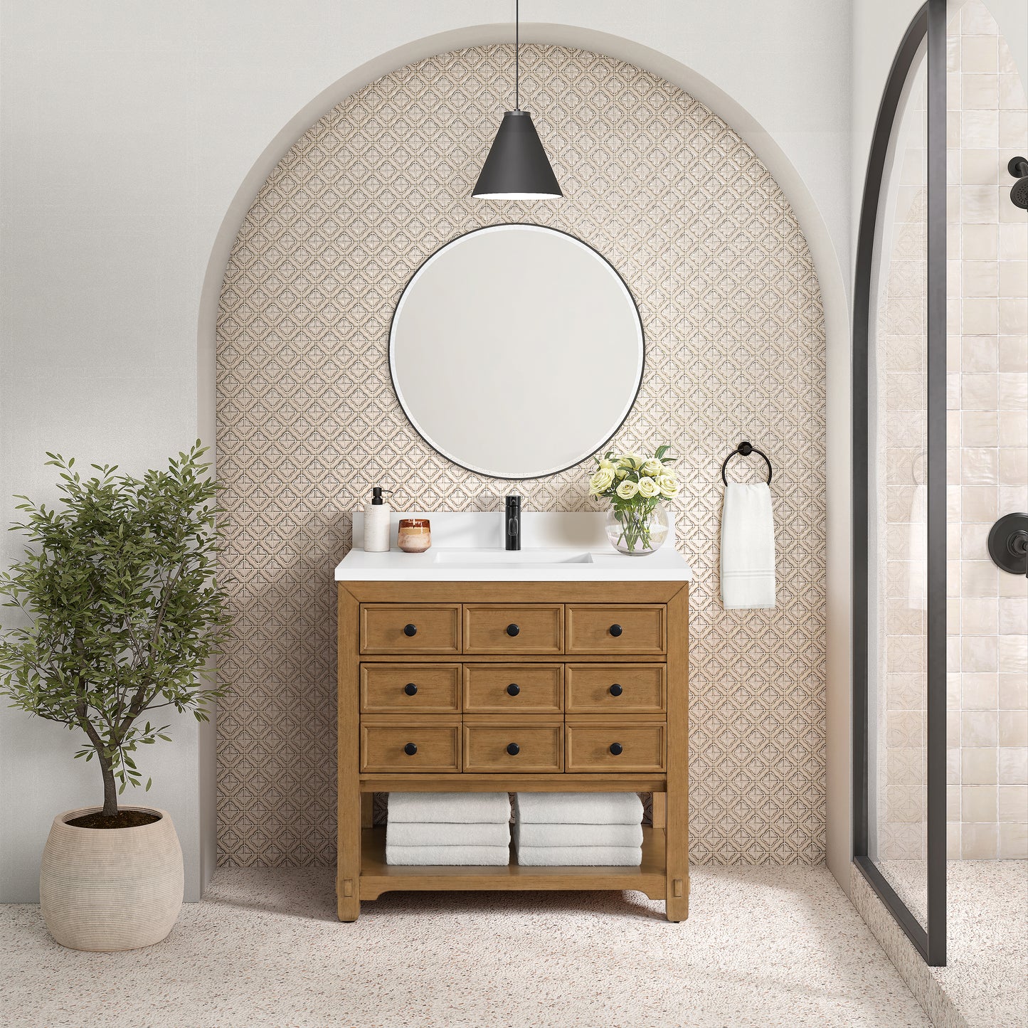 Renovate for Less Atlanta Malibu 36" Single Vanity, Amber Birch w/ Single Hole 3 CM White Zeus Top & Backsplash