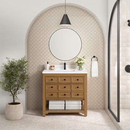 Renovate for Less Atlanta Malibu 36" Single Vanity, Amber Birch w/ Single Hole 3 CM White Zeus Top & Backsplash