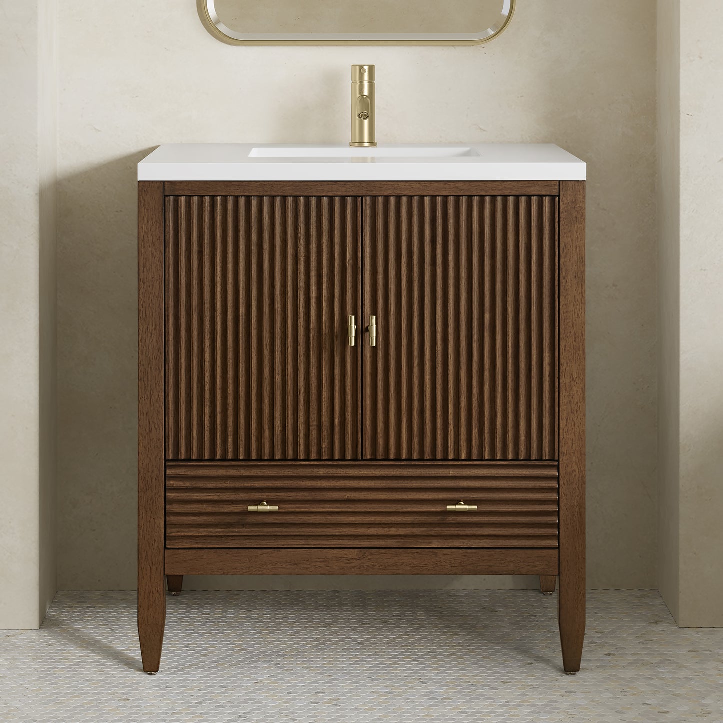 Renovate for Less Atlanta Myrrin 30" Single Vanity, Mid-Century Walnut w/ Single Hole 3 CM White Zeus Silestone Top and Matching Backsplash
