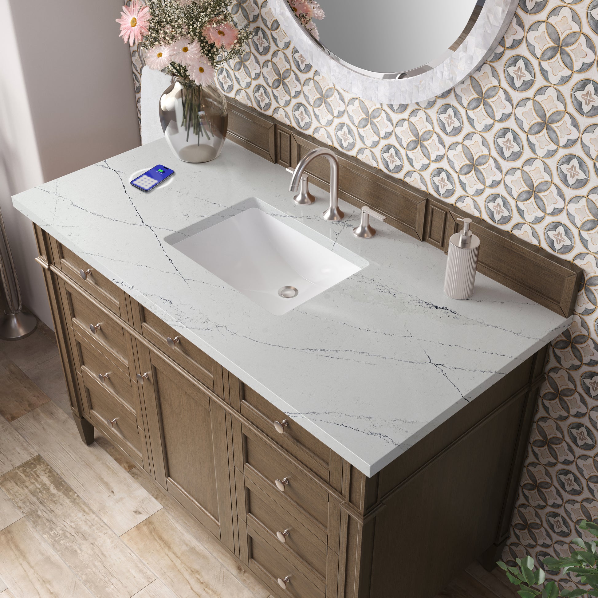 Renovate for Less Atlanta Brittany 48" Single Vanity, Saddle Brown w/ 3 CM Ethereal Noctis Silestone Top w/FreePower Wireless Charger