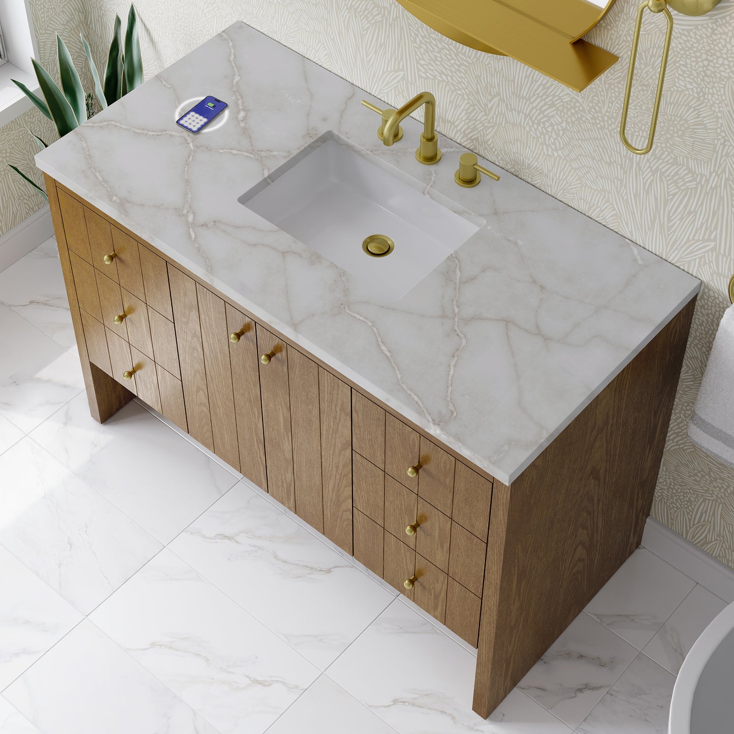 Renovate for Less Atlanta Hudson 48" Single Vanity, Honey Oak w/ 3 CM Victorian Silver Silestone Top w/FreePower Wireless Charger
