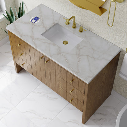 Renovate for Less Atlanta Hudson 48" Single Vanity, Honey Oak w/ 3 CM Victorian Silver Silestone Top w/FreePower Wireless Charger