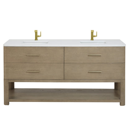 Renovate for Less Atlanta Lucian 72" Double Vanity, Pebble Oak w/ 3 CM White Zeus Silestone Top