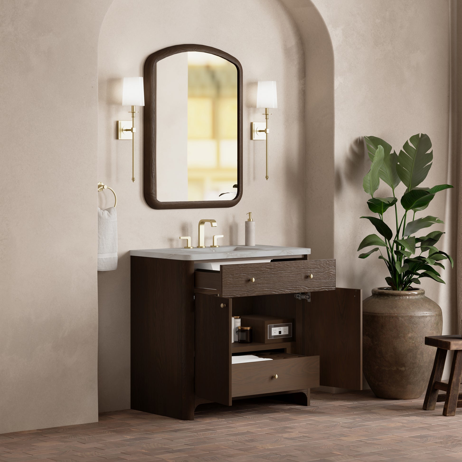 Renovate for Less Atlanta Gracyn 36" Single Vanity, Sable, w/ 3 CM Victorian Silver Quartz Widespread Top