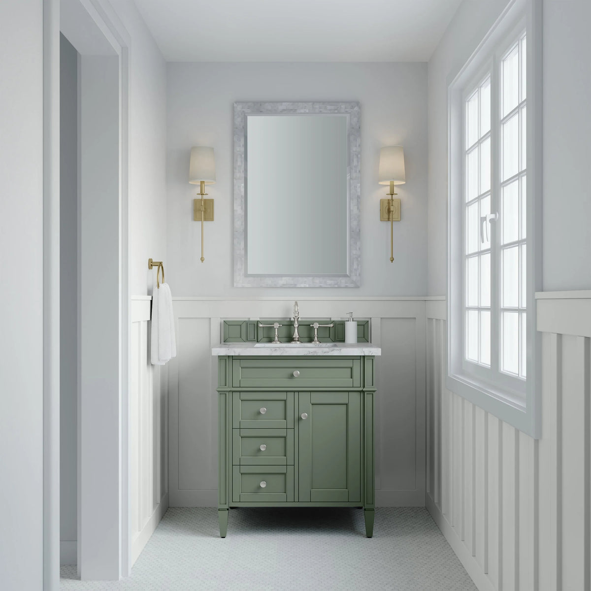 Brittany 30" Single Vanity, Smokey Celadon w/ 3 CM Carrara Marble Top