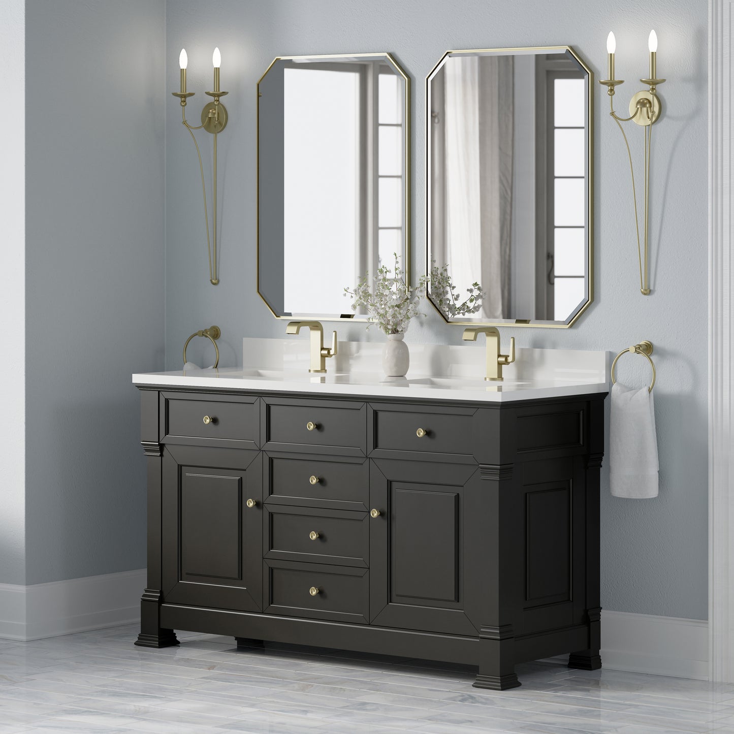 Renovate for Less Atlanta Brookfield 60" Double Vanity, Black Onyx w/ Single Hole 3CM White Zeus Silestone Top & Backsplash