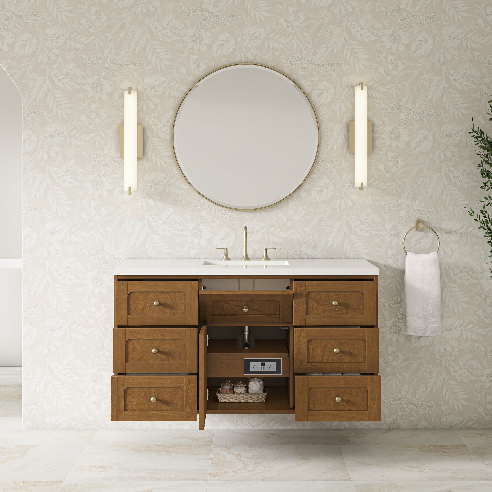 Renovate for Less Atlanta Laurent 48" Single Vanity, Honey Oak w/ 3 CM White Zeus Silestone Top