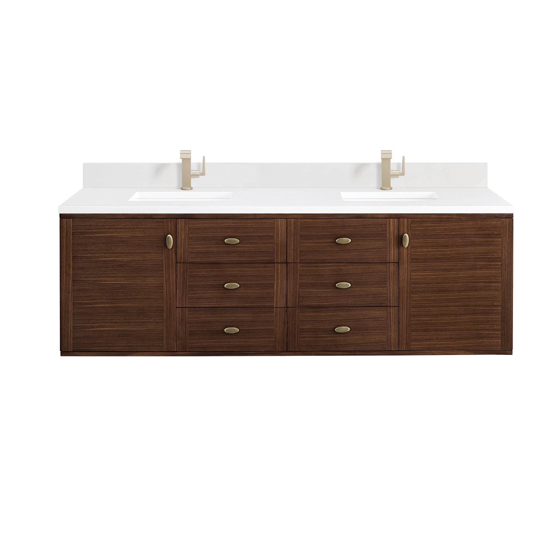 Renovate for Less Atlanta Amberly 72" Double Vanity, Mid-Century Walnut w/ Single Hole 3 CM White Zeus Top & Backsplash