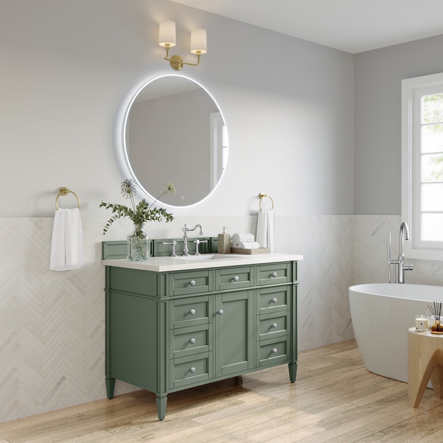 Renovate for Less Atlanta Brittany 48" Single Vanity, Smokey Celadon w/ 3 CM White Zeus Top