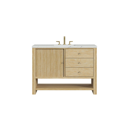 Renovate for Less Atlanta Marigot 48" Single Vanity, Sunwashed Oak w/ 3 CM Ethereal Noctis Silestone Top w/ FreePower Wireless Charger