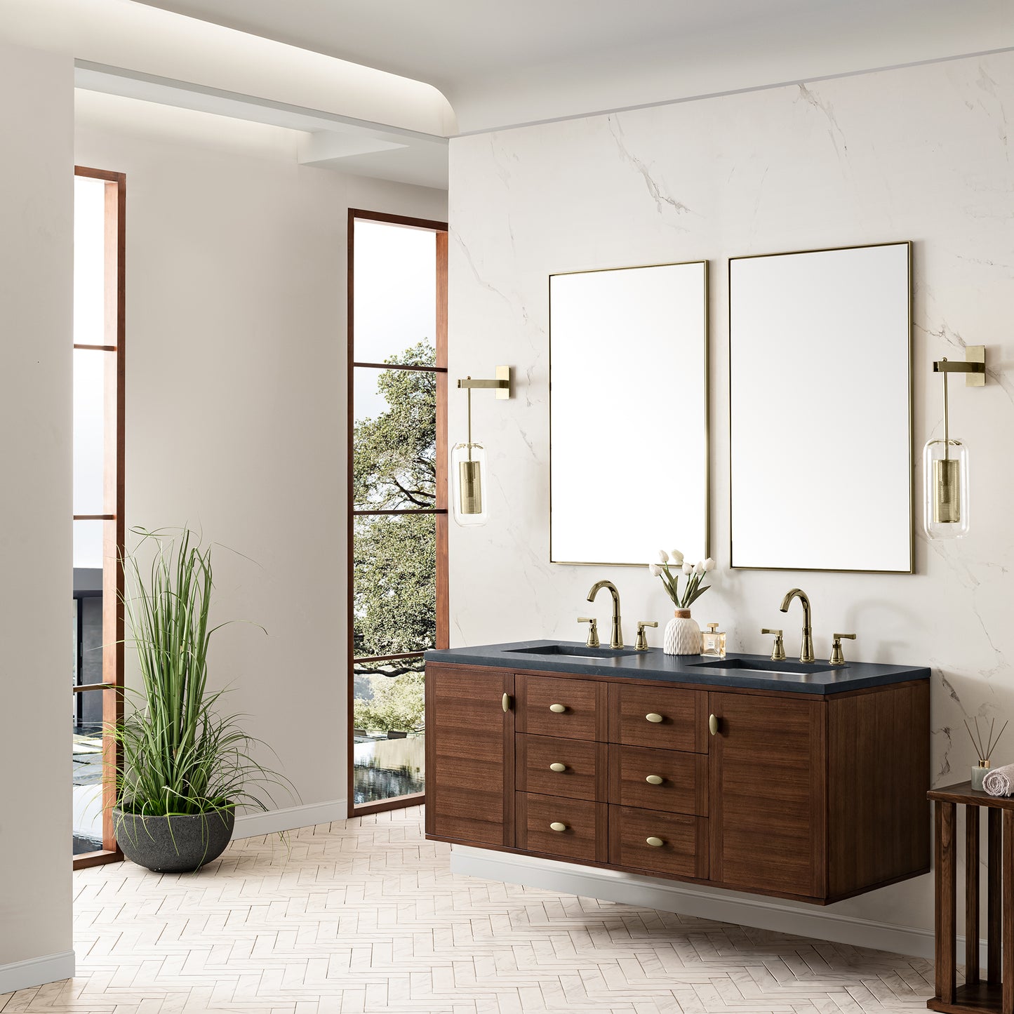 Renovate for Less Atlanta Amberly 60" Double Vanity, Mid-Century Walnut w/ 3 CM Charcoal Soapstone Top