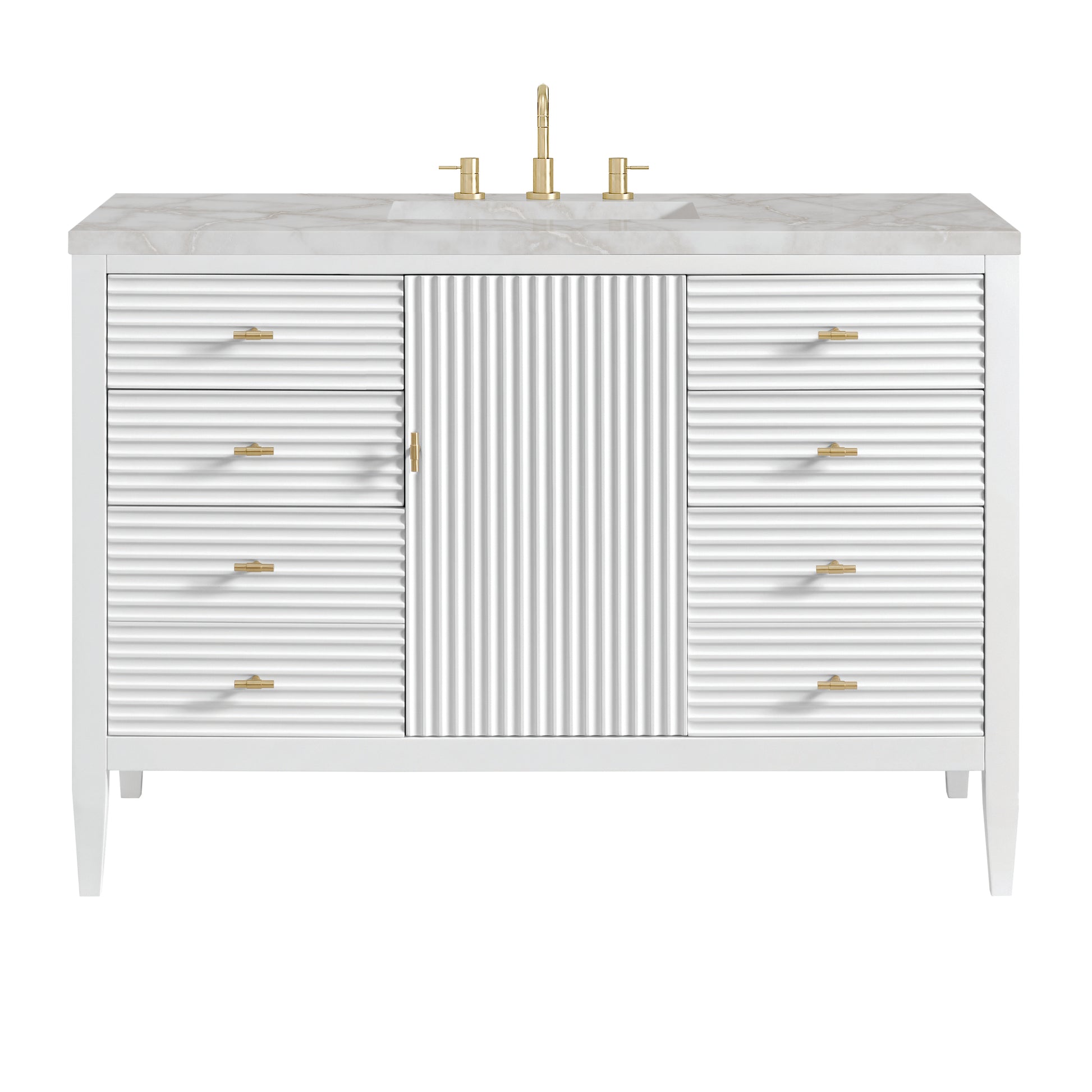Renovate for Less Atlanta Myrrin 48" Single Vanity, Bright White w/ 3 CM Victorian Silver Silestone Top