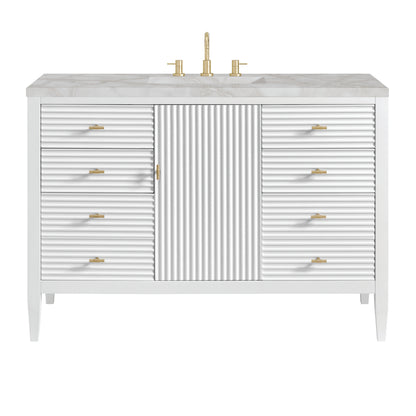 Renovate for Less Atlanta Myrrin 48" Single Vanity, Bright White w/ 3 CM Victorian Silver Silestone Top